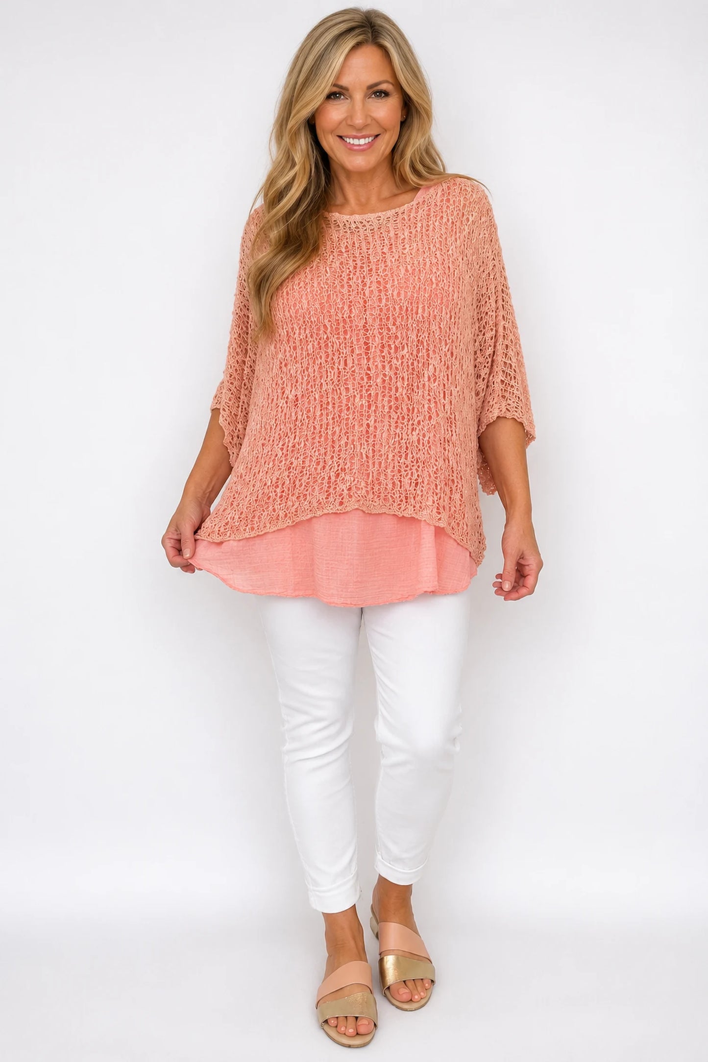 Amelia Ikat Premium Stitch Batwing Crochet - Salmon