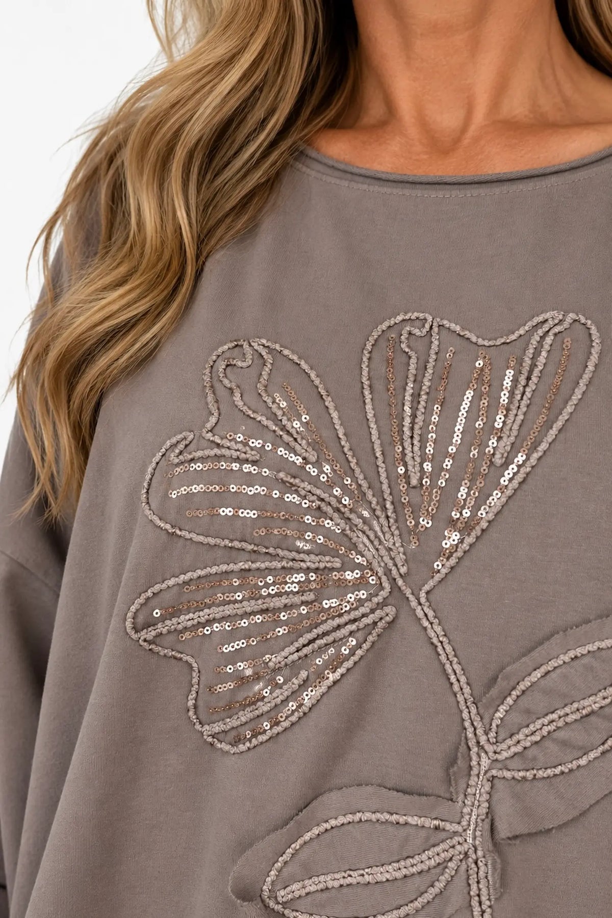 Cotton Embroidered Gold Sequin Floral Manica Tied Hem Top - Mocha