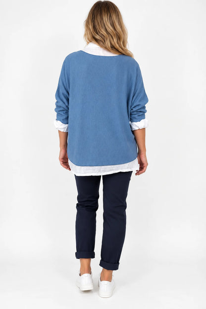 Cotton Fine Knit Two In One Mira Top - Light Denim