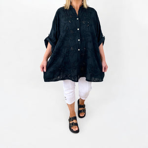 Cotton Oversized Embroidery Anglaise Button Sleeve Shirt - Black