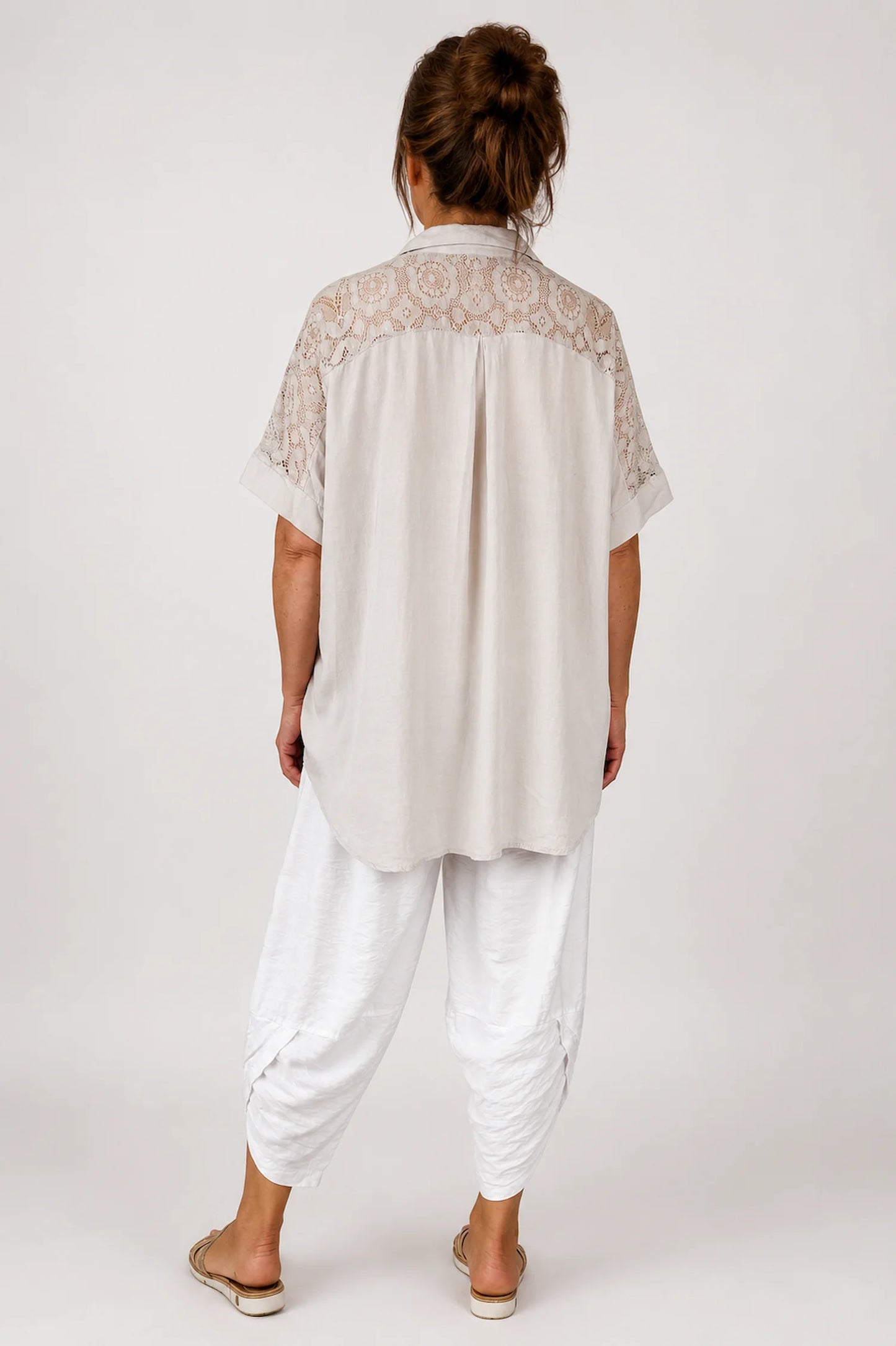 Lace Crochet Shoulder Alexandra Button Shirt - Beige