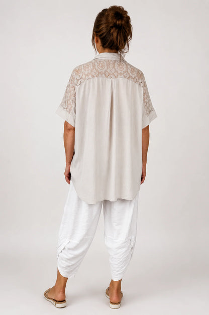 Lace Crochet Shoulder Alexandra Button Shirt - Beige