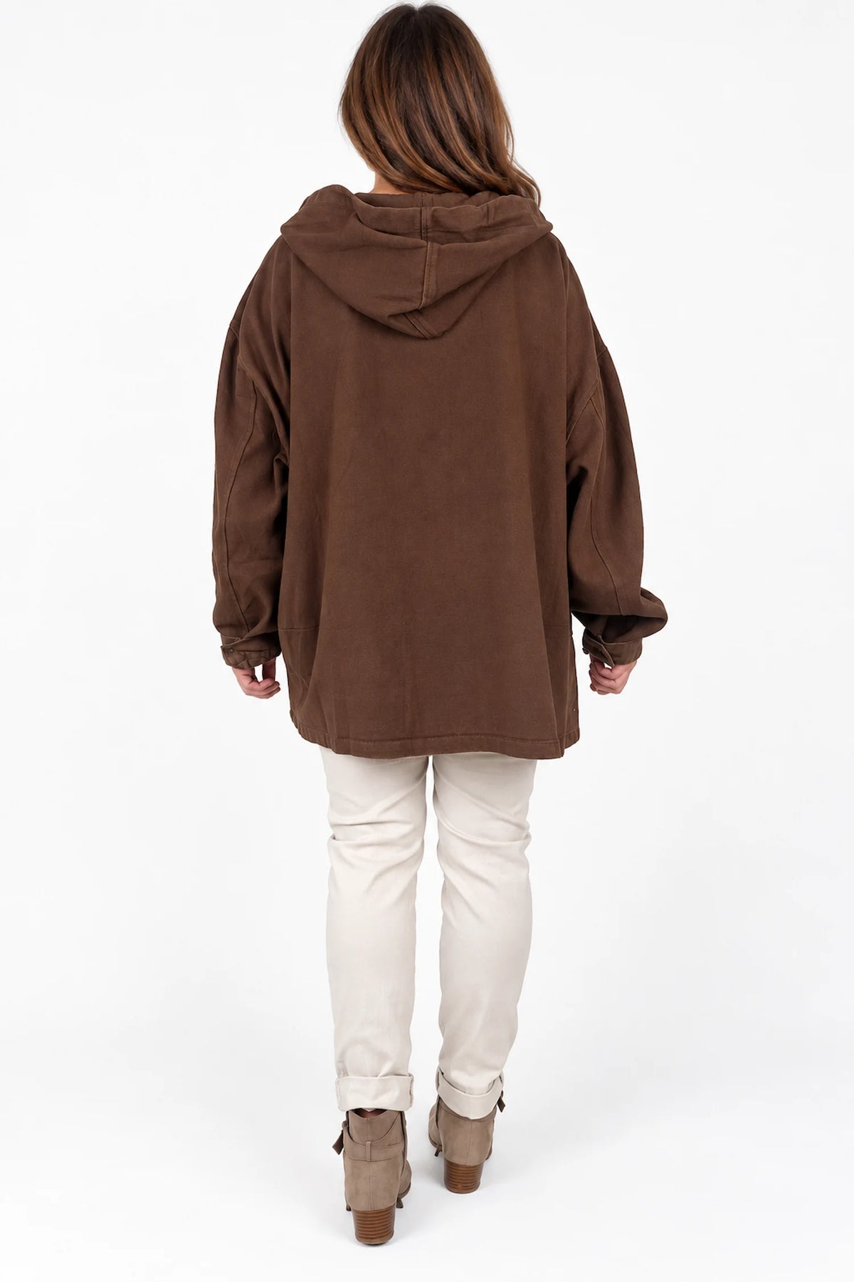 Pure Cotton Double Pocket Button Hooded Tiana Jacket - Chocolate