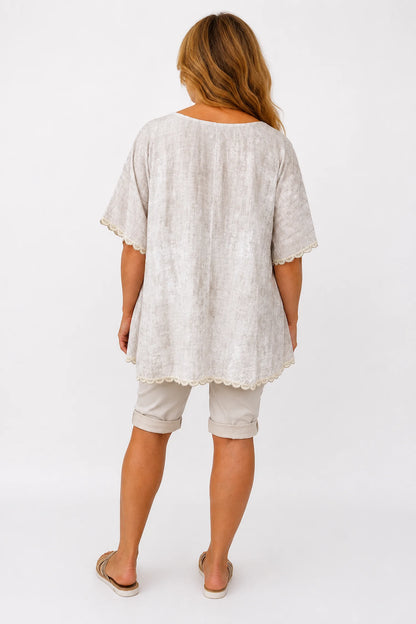 Lightly Textured Lace Trim Victoria Top - Washed Stone
