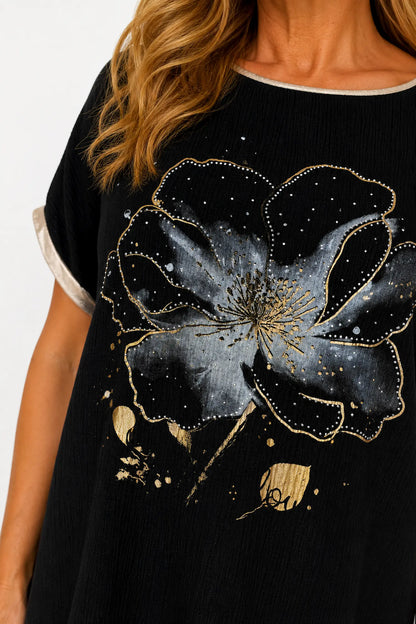 Lightly Textured Golden Diamanté Clover Gold Trim Diana Top - Black