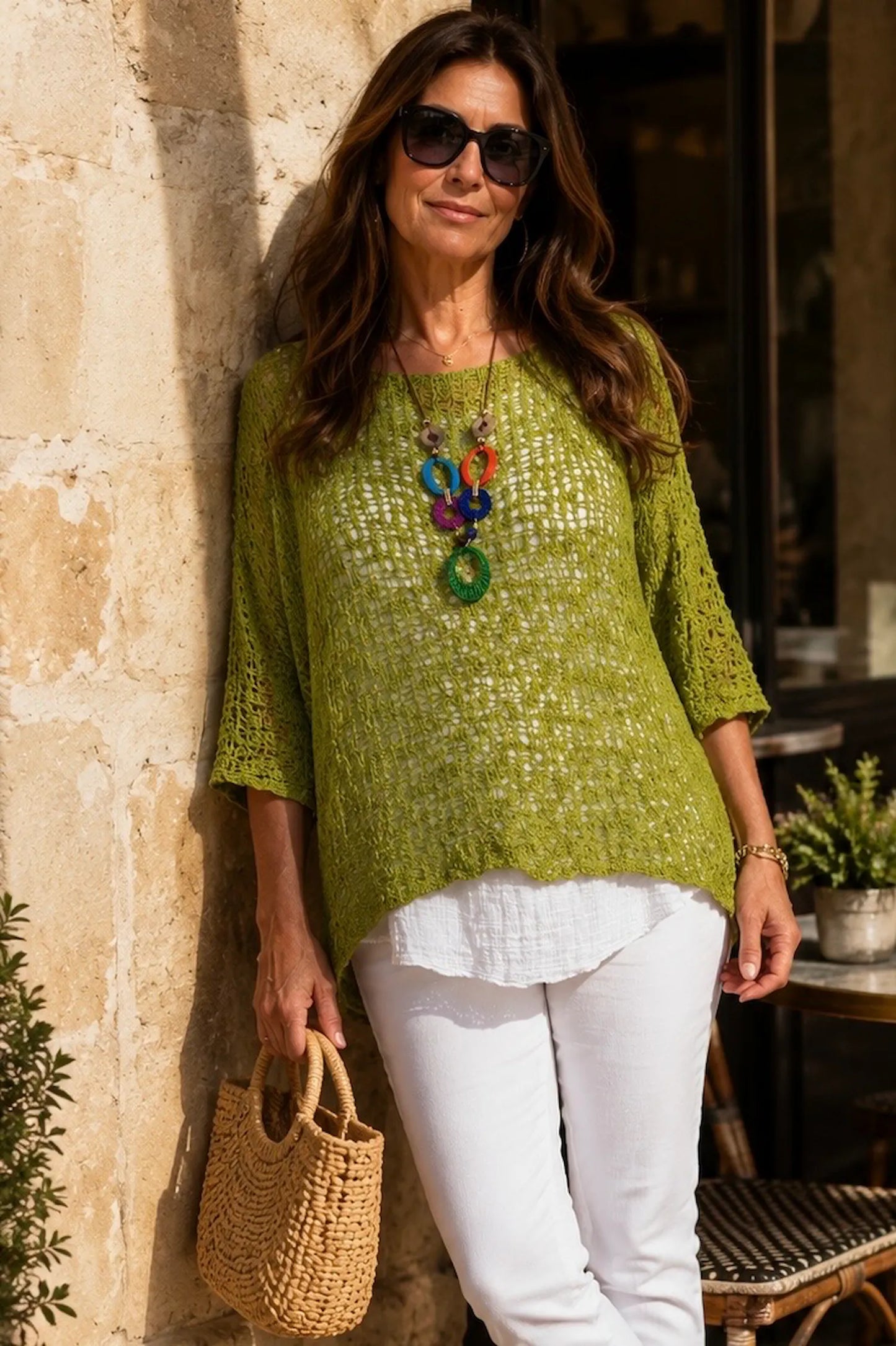 Amelia Ikat Premium Stitch Batwing Crochet - Lime