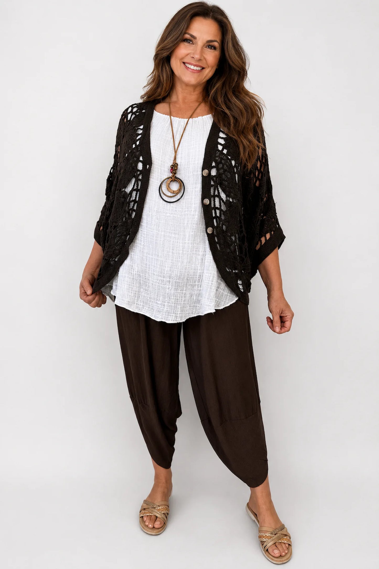 Pure Cotton Sadie Batwing Button Crochet Cardigan - Chocolate