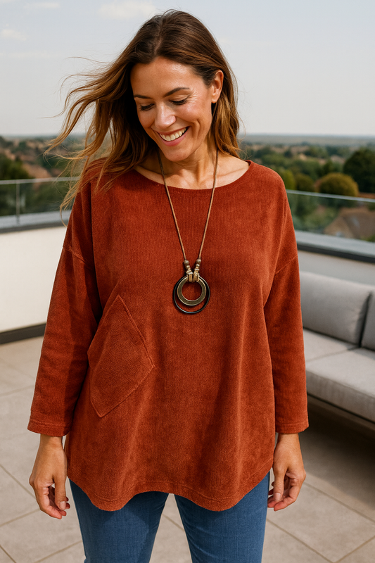 Chenille Paris Pocket Detail Necklace Top - Spice Terracotta