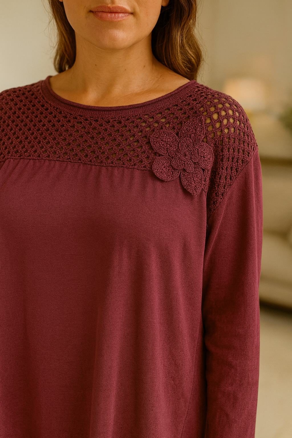 Mesh Detail Estelle Cotton Flower Top - Grape