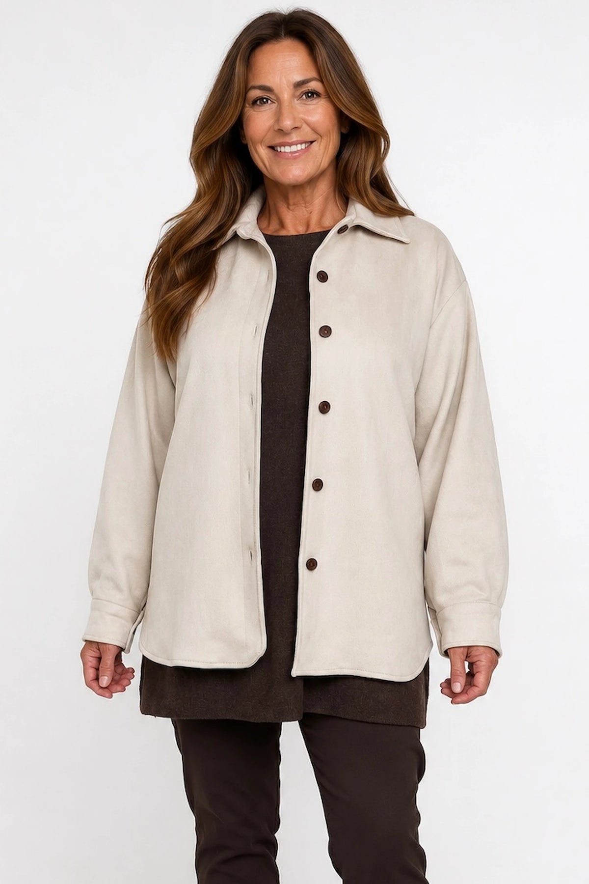 Alexandra Button Sleeve Faux Suede Button Jacket - Beige