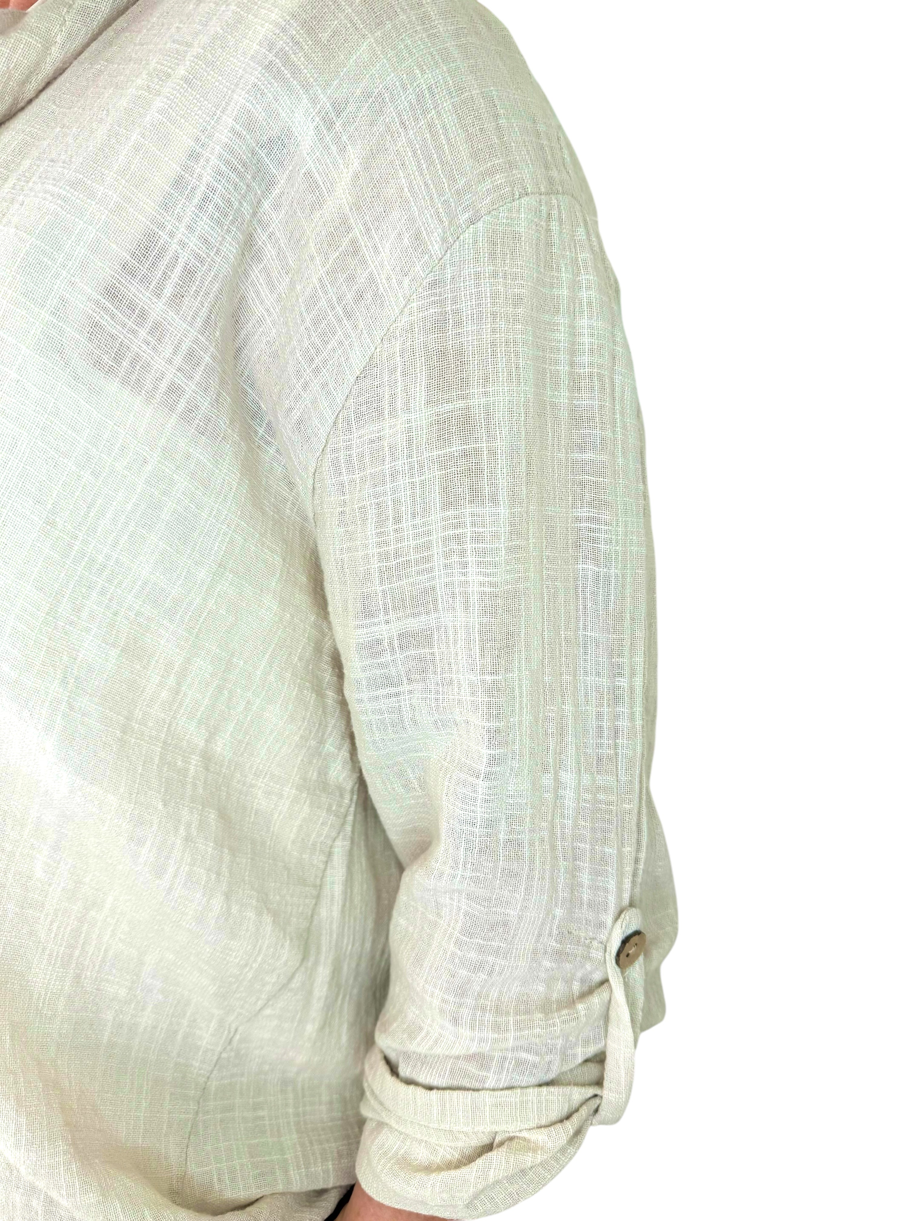 Pure Cotton Linen Look Button Sleeve Parla Shirt - Beige