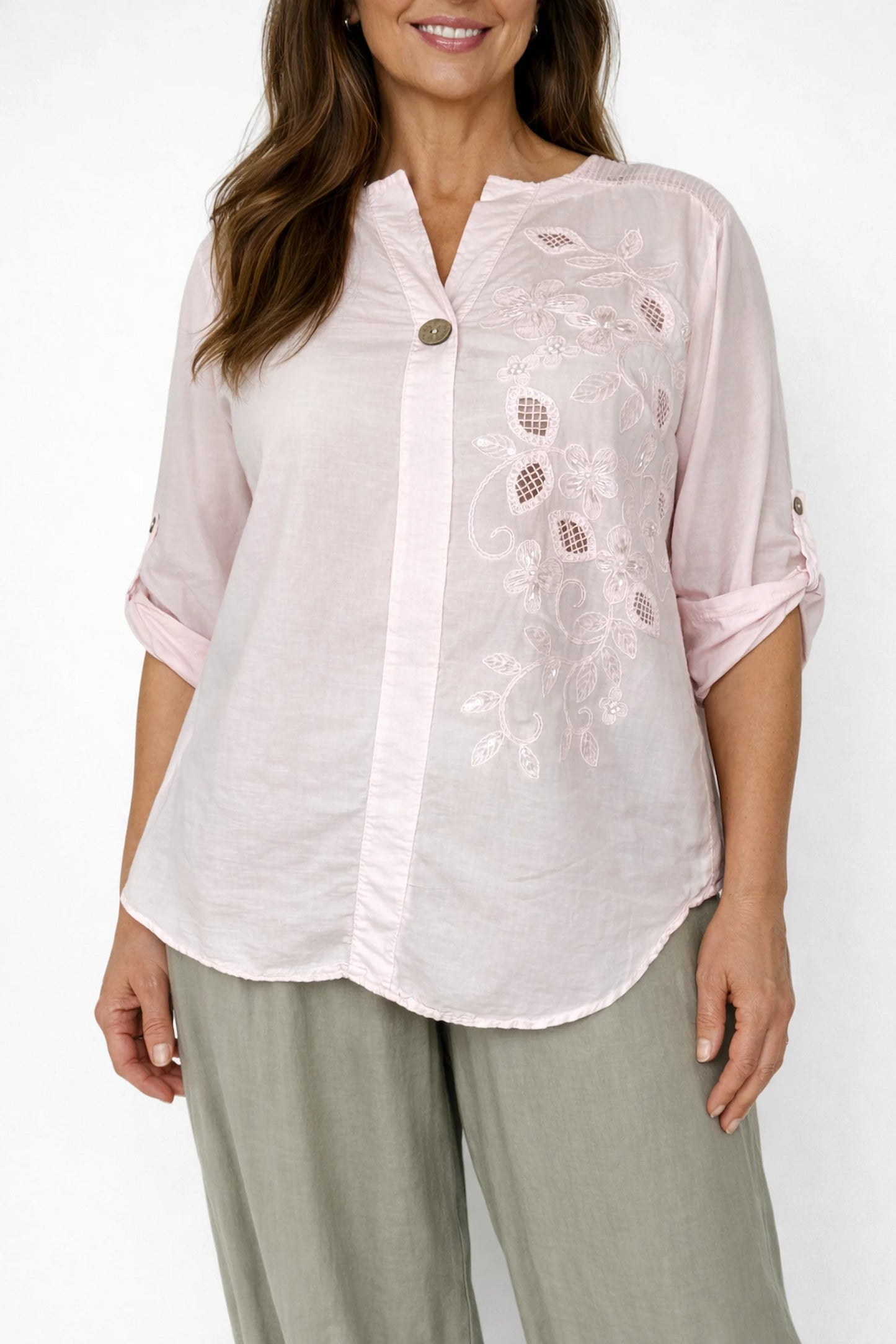 Cotton Mesh Shoulder Embroidery Anglaise Detail Button Sleeve Antonella One Button Shirt - Baby Pink