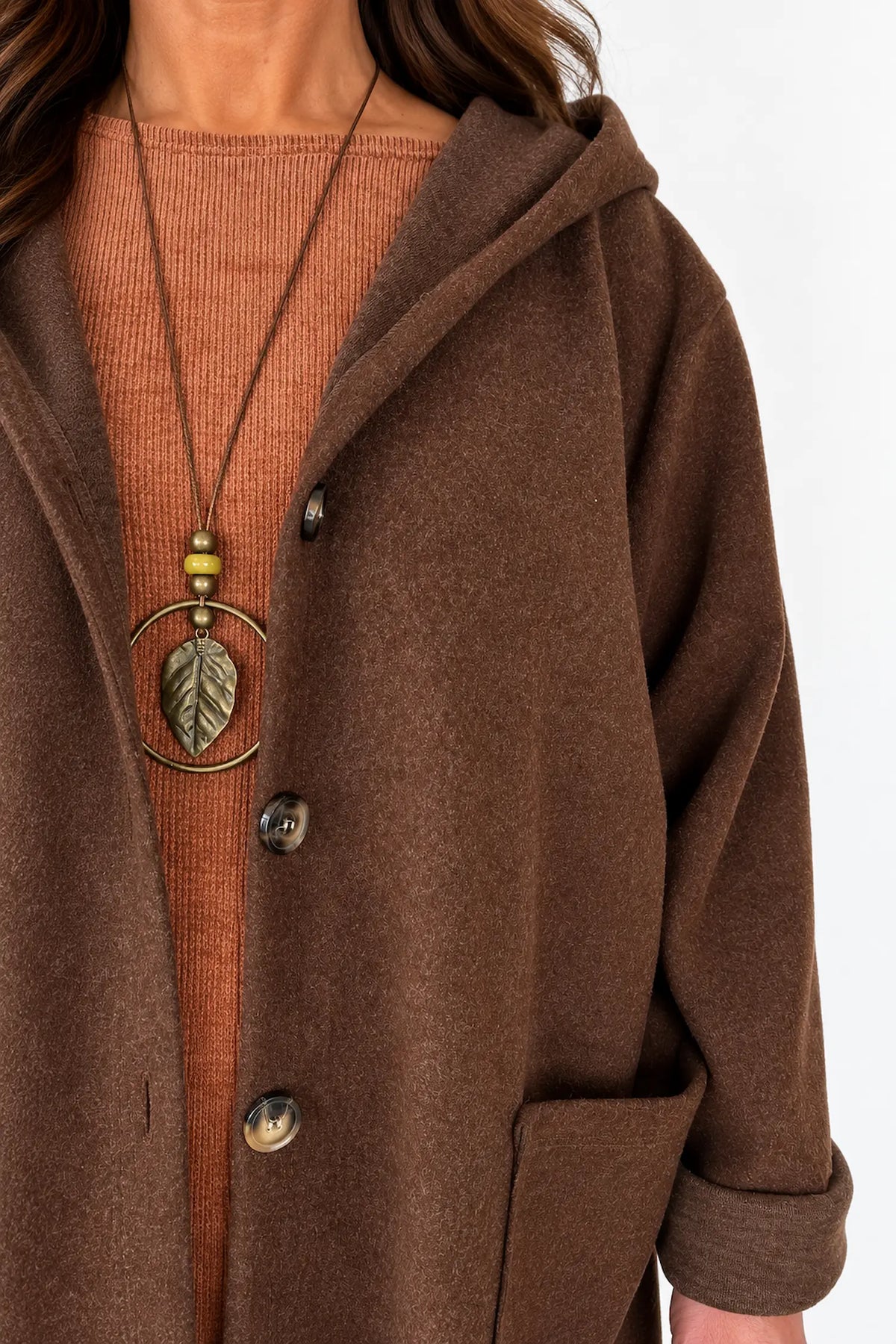 Wool Mix Brushed Double Patch Pocket Italia Button Hooded Coat - Spice Brown