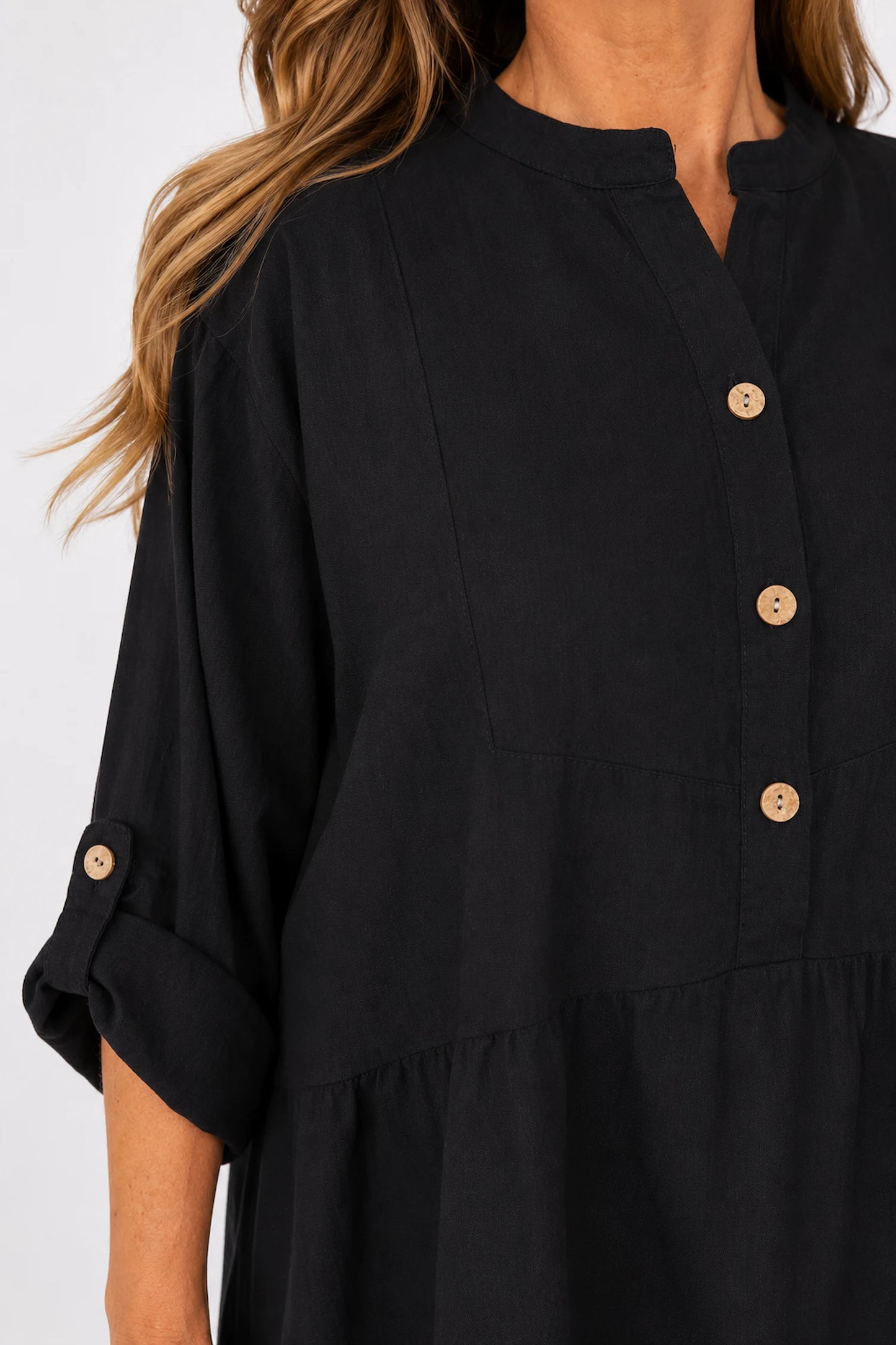 Linen Cotton Blend Button Sleeve Monica Button Shirt - Black
