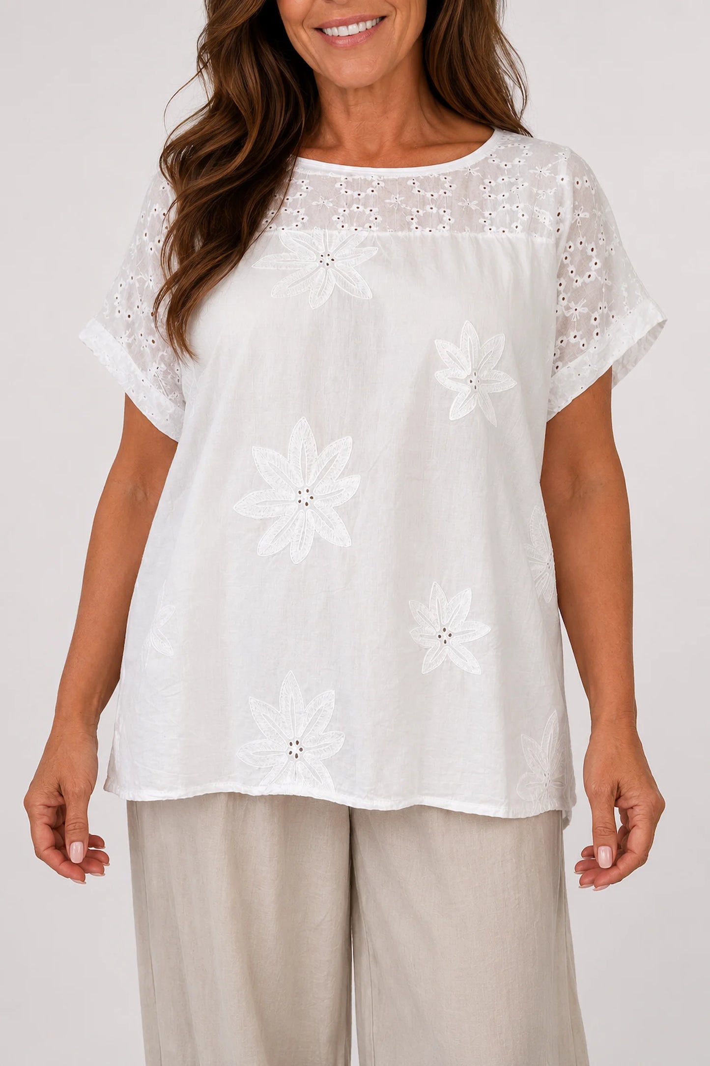 Pure Cotton Floral Embroidery Anglaise Clarissa Top - White