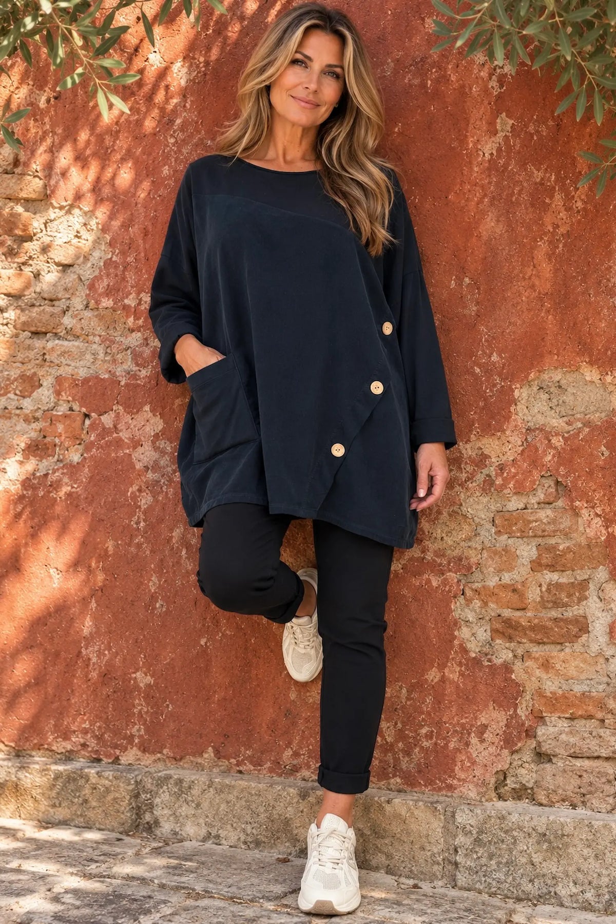 Cotton Fine Needlecord Patch Button Detail Fern Pocket Top - Black