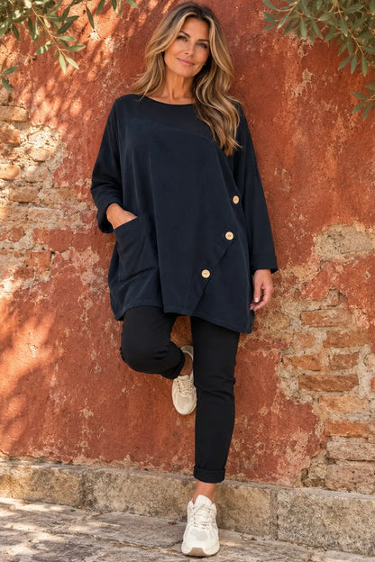 Cotton Fine Needlecord Patch Button Detail Fern Pocket Top - Black