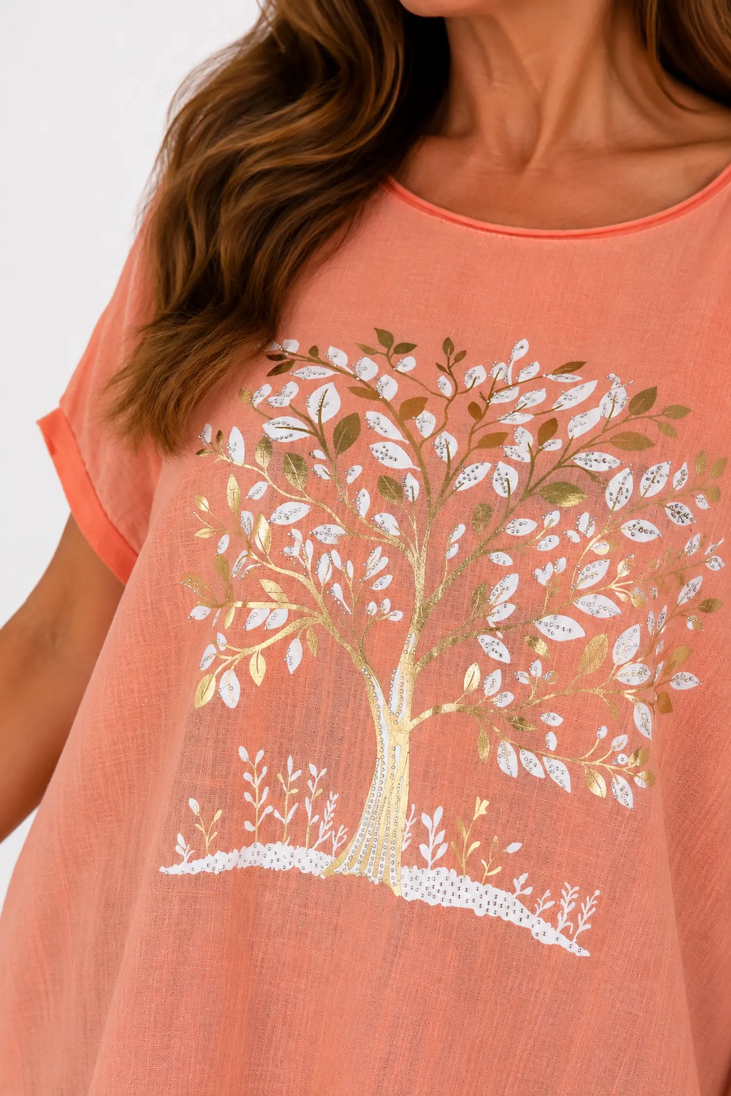 Linen Cotton Mix Diamanté Golden Leaf Carletta Top - Peach