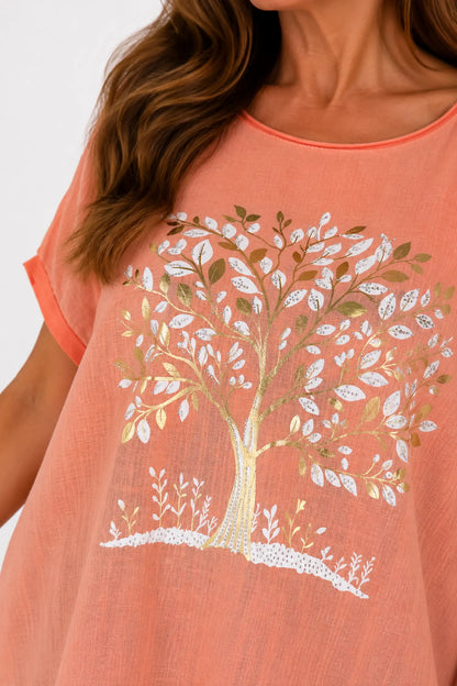Linen Cotton Mix Diamanté Golden Leaf Carletta Top - Peach