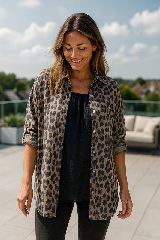 Premium Stitch Button Sleeve Lexi Leopard Print Shirt - Mocha