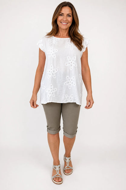 Frill Sleeve Embroidered Floral Detail Sienna Cap Sleeve Top - White