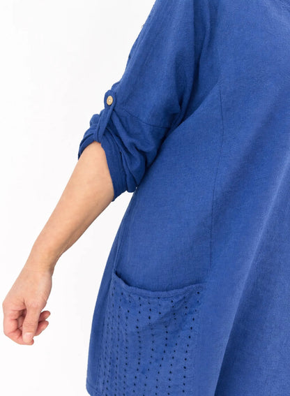 Cotton Crochet Detail Double Pocket Button Sleeve Cláudia Necklace Top - Navy