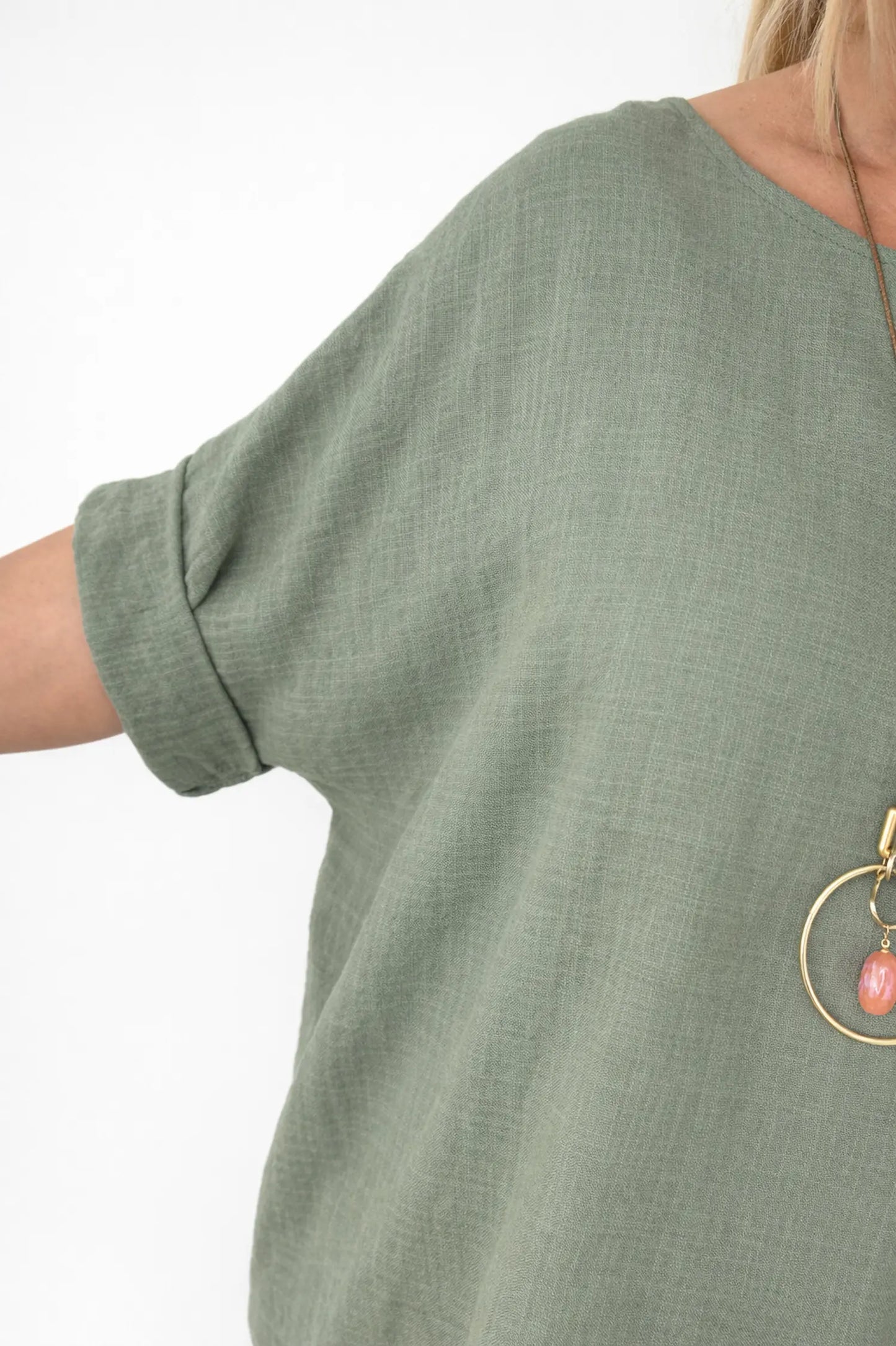 Pure Cotton Linen Look Italia Necklace Top - Khaki