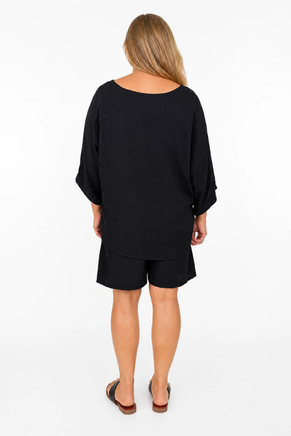 Relaxed Oversized Summer Flow Necklace Top - Black