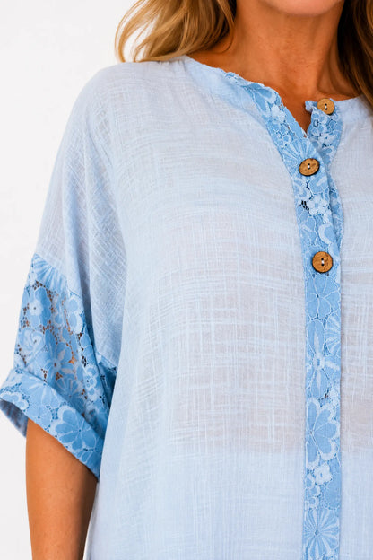 Linen Look Cotton Lace Sleeve Calabri Button Top - Baby Blue