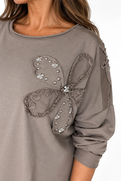 Cotton Emalise Frayed Edge Floral Top - Mocha