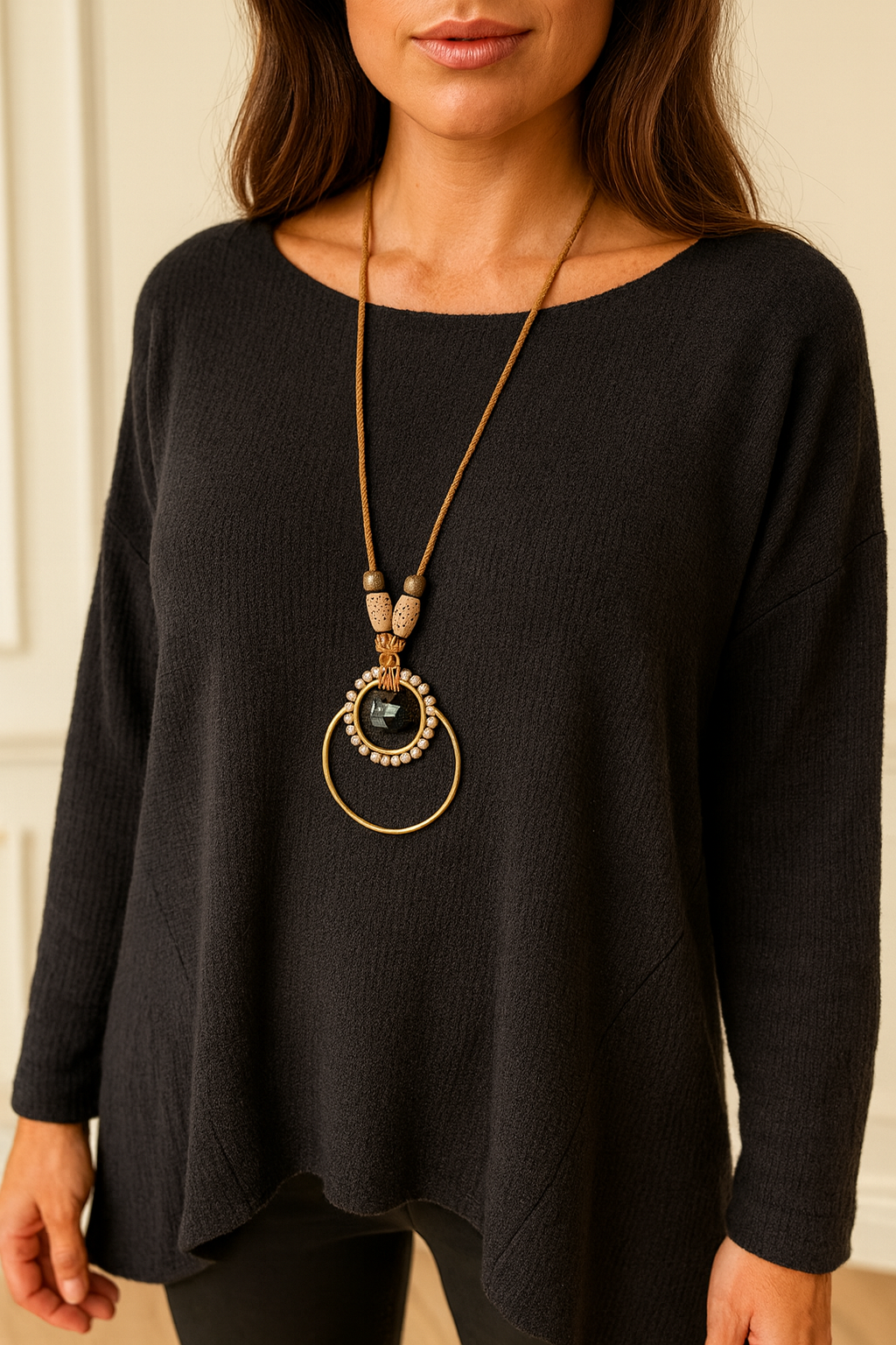 Wool Mix Ribbed Knit Marcela Necklace Top - Black