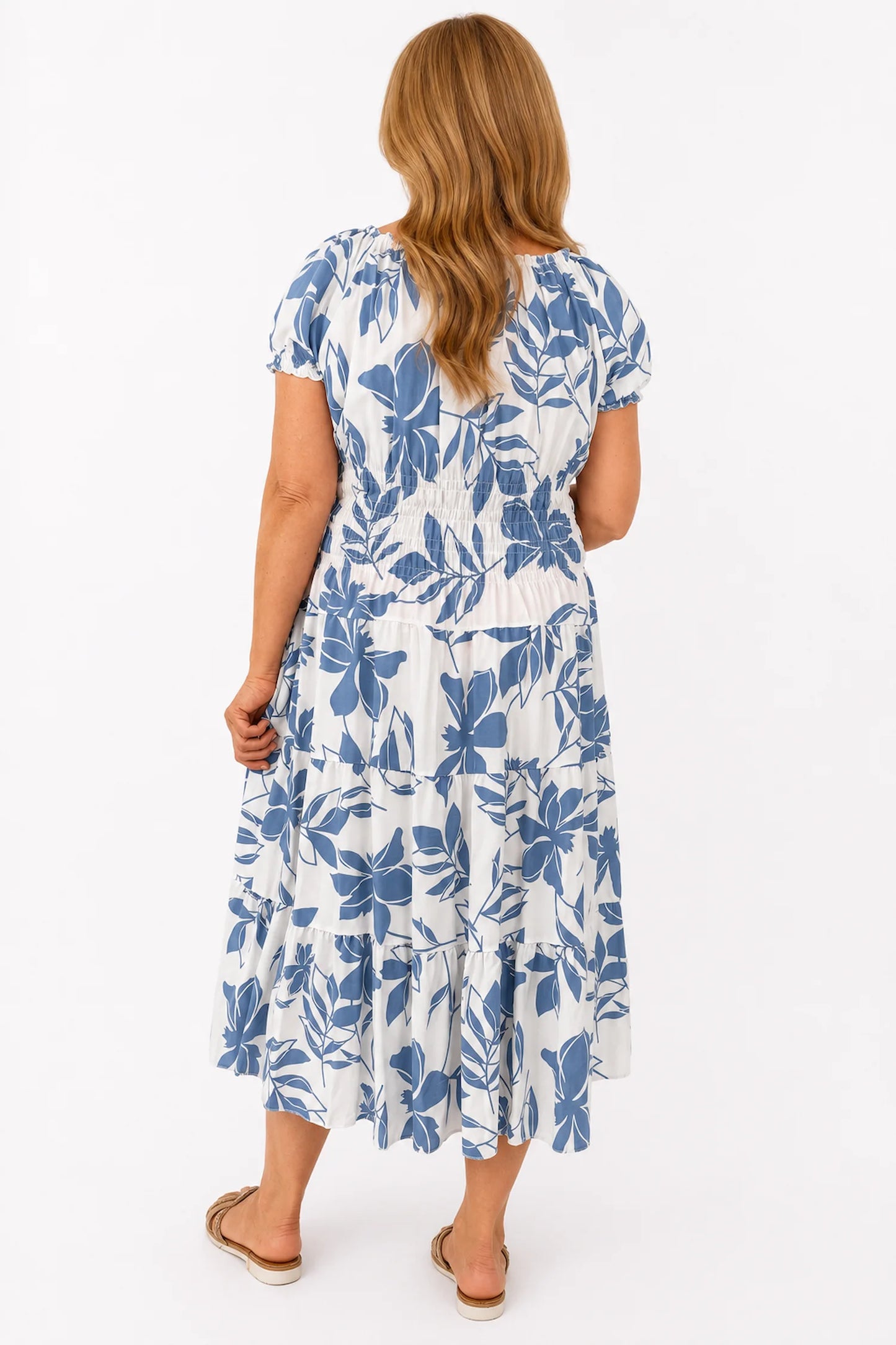 Cotton Button Detail Elasticated Waist Panel Floral Dasia Dress - Powder Blue