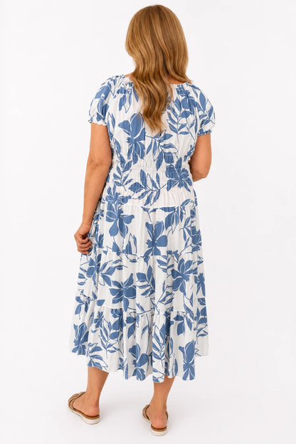 Cotton Button Detail Elasticated Waist Panel Floral Dasia Dress - Powder Blue