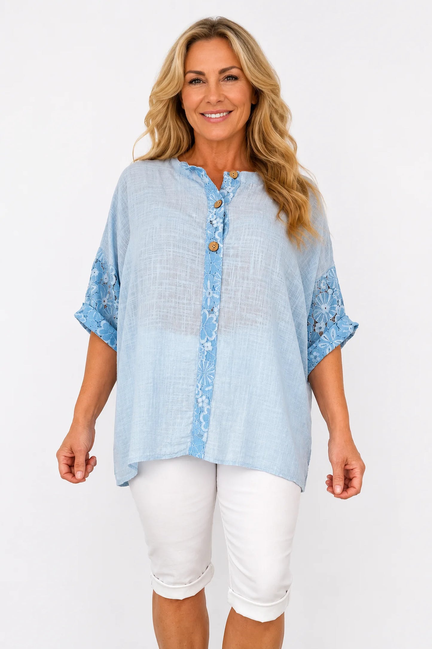 Linen Look Cotton Lace Sleeve Calabri Button Top - Baby Blue
