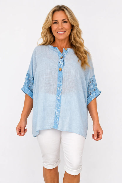 Linen Look Cotton Lace Sleeve Calabri Button Top - Baby Blue