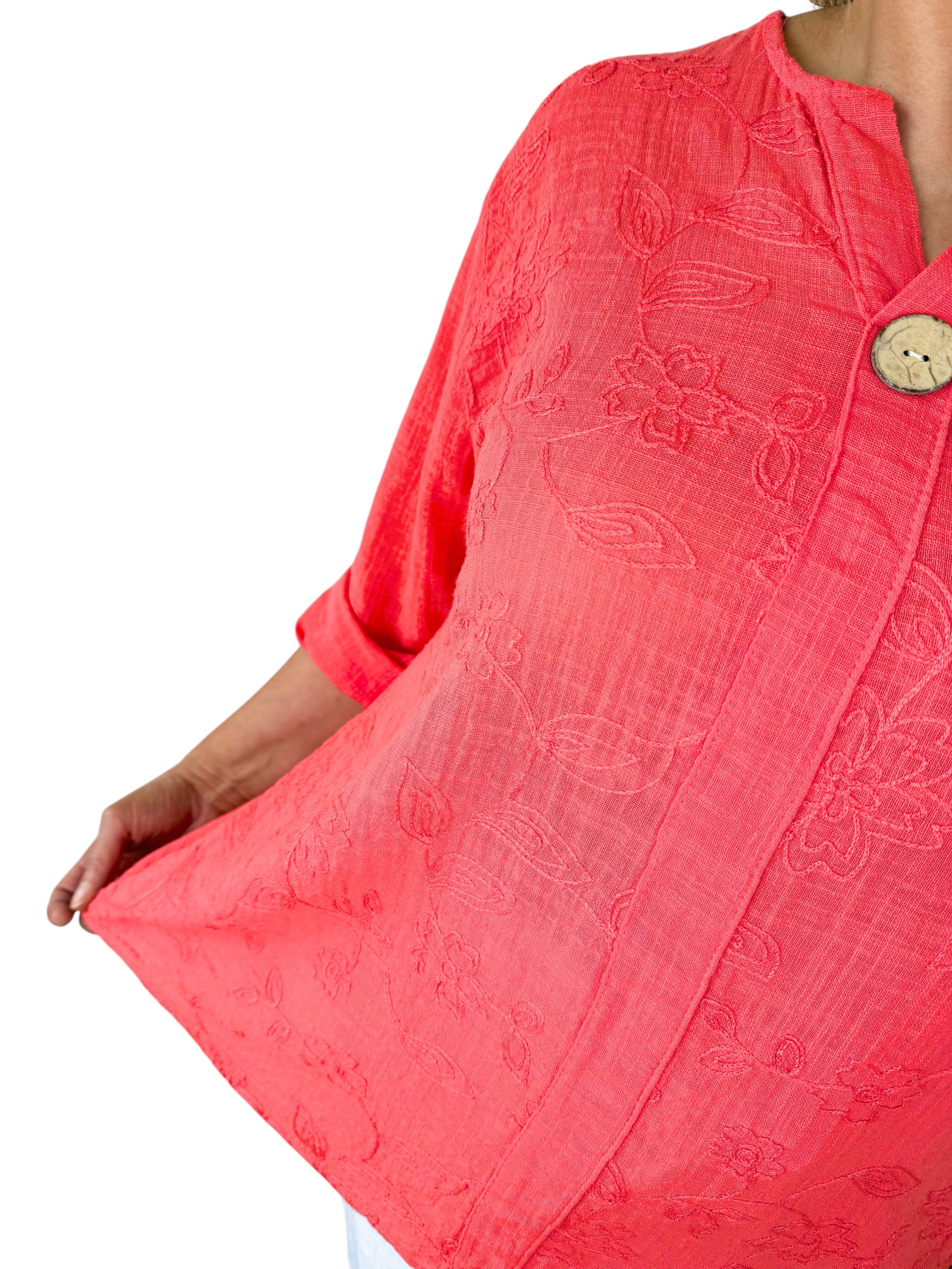 Pure Cotton Embroidery Anglaise One Button Carla Shirt - Coral