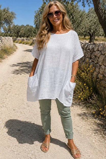 Pure Cotton Double Pocket Coté Tunic Top - White