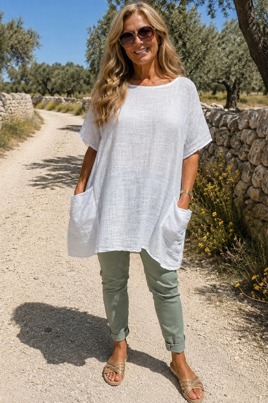 Pure Cotton Double Pocket Coté Tunic Top - White