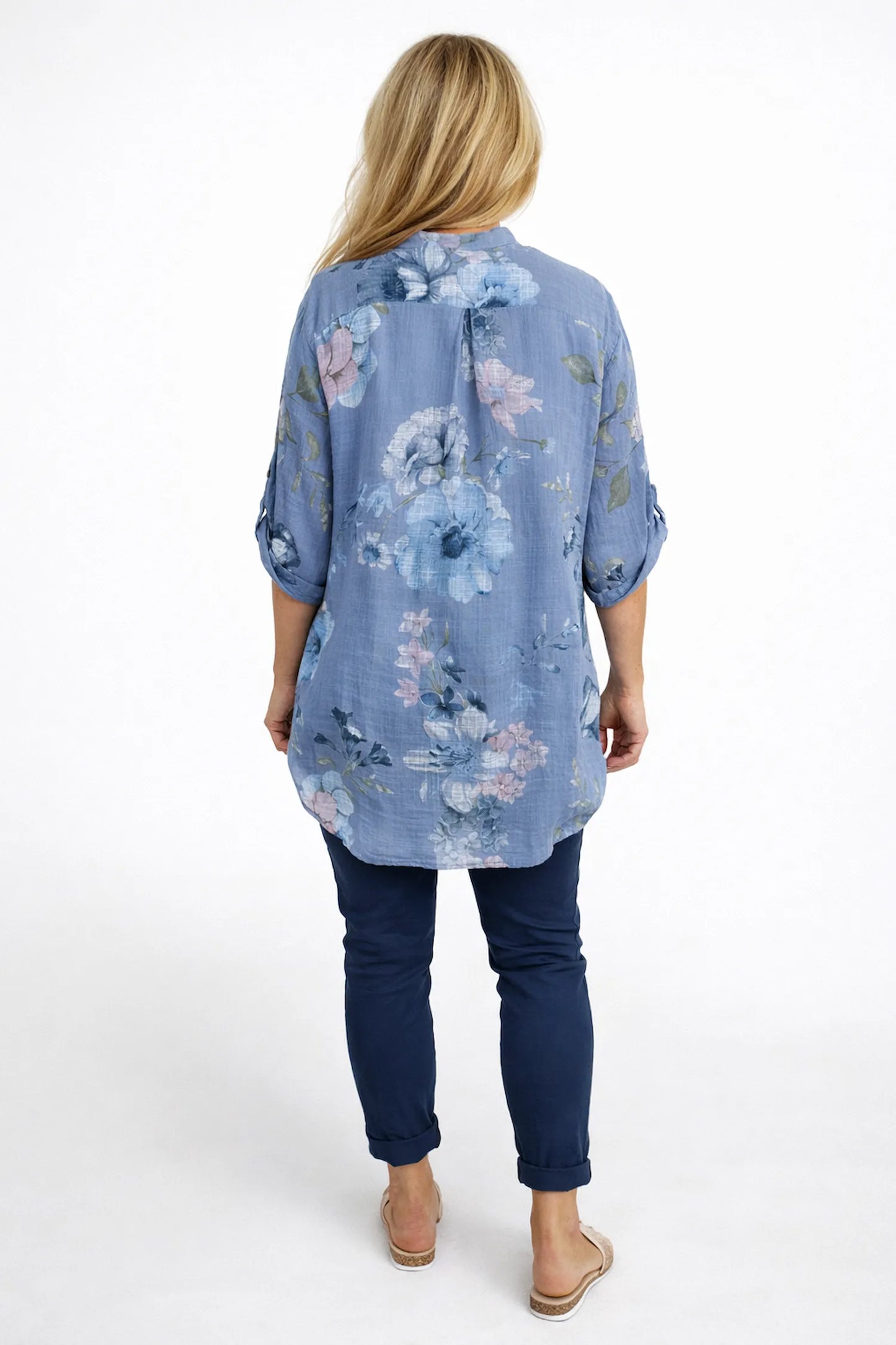 Pure Cotton Button Sleeve Julia Button Shirt - Denim