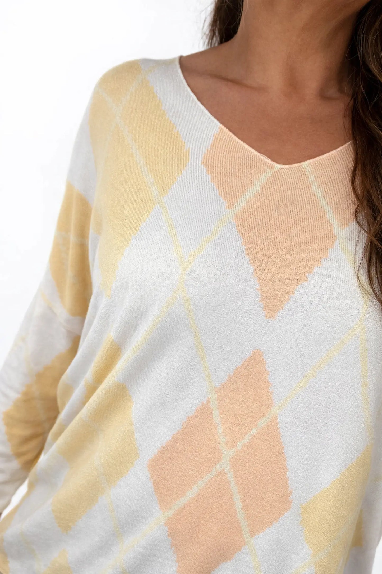 Wool Mix Spring Knit Argyle Florence Top - Light Peach/Yellow