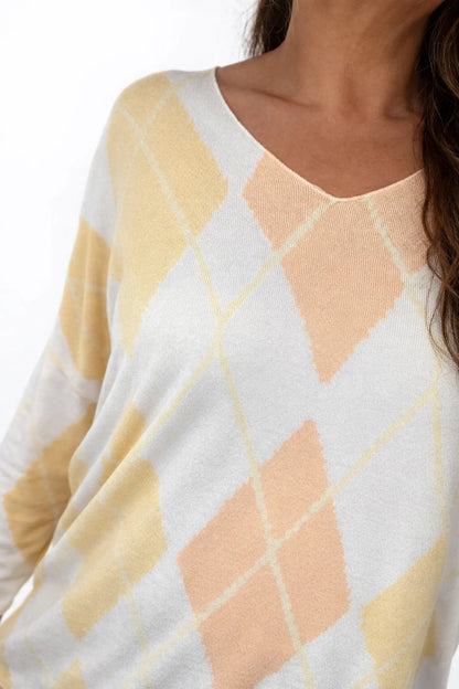 Wool Mix Spring Knit Argyle Florence Top - Light Peach/Yellow