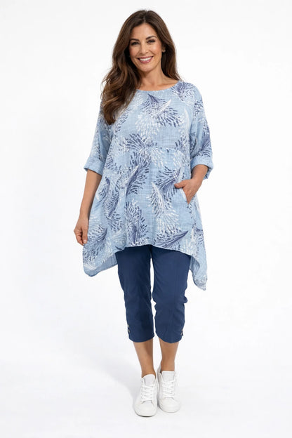 Pure Cotton Double Pocket Violetta Tunic Top - Light Denim