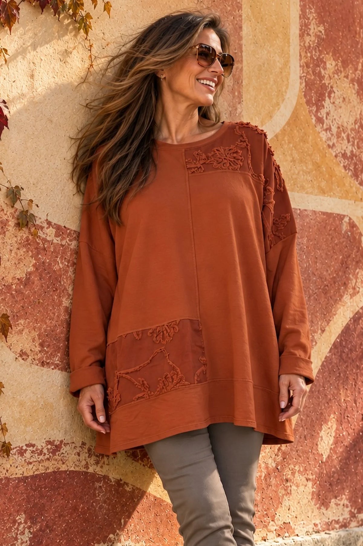 Cotton Fine Needlecord Patch Parisi Top - Burnt Orange