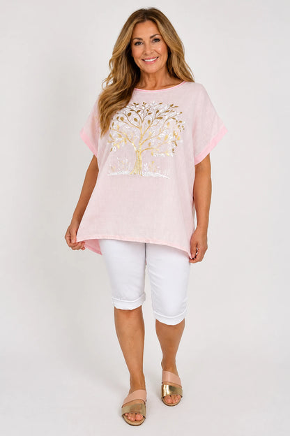 Linen Cotton Mix Diamanté Golden Leaf Carletta Top - Rose Gold