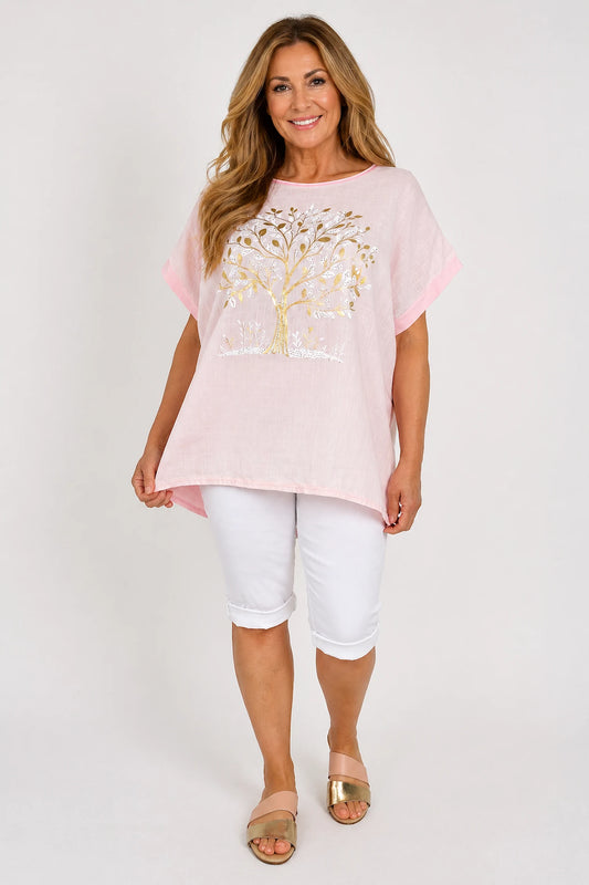 Linen Cotton Mix Diamanté Golden Leaf Carletta Top - Rose Gold