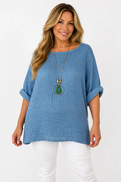 Lightweight Soft Crinkle Texture Lunae Necklace Top - Denim