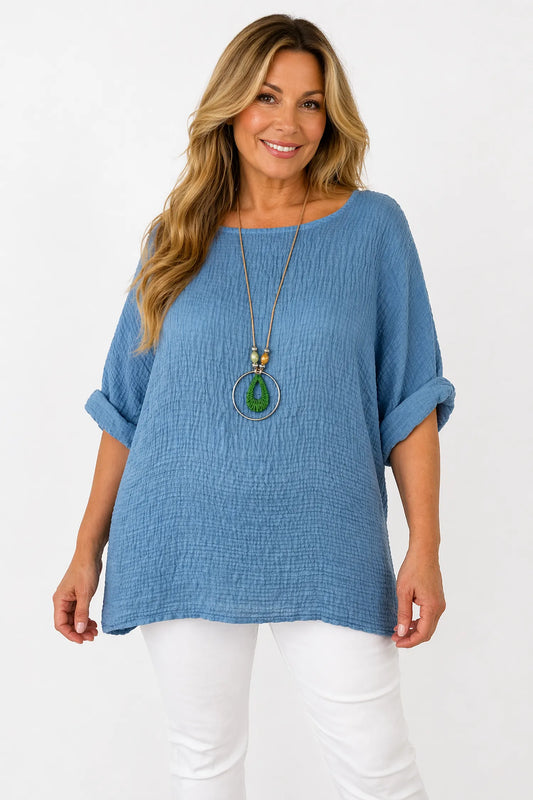 Lightweight Soft Crinkle Texture Lunae Necklace Top - Denim