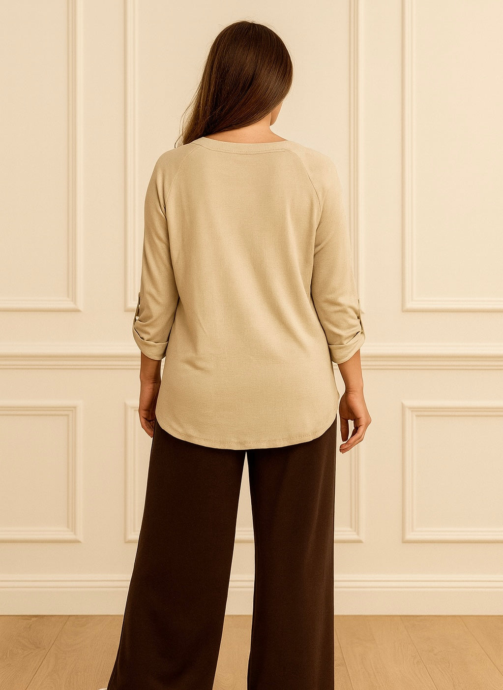 Luxury Knit Button Sleeve Sasia Sparkle Flower Top - Beige