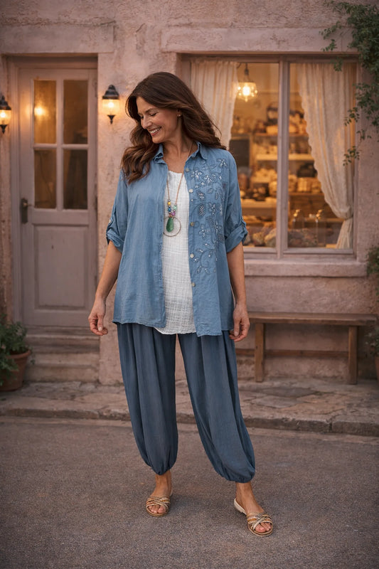 Smocked Elasticated Waist Calivelle Double Pocket Harem Pant - Denim