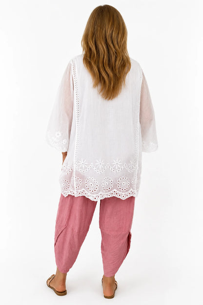 Pure Cotton Embroidery Anglaise Batwing Fara Top - White